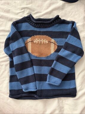 Boys' Navy and Light Blue Striped Crewneck Sweater with Football Motif
